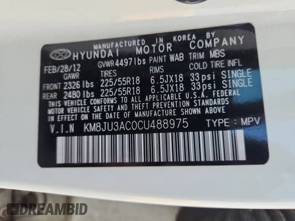 2012 Hyundai Tucson GLS with VIN KM8JU3AC0CU488975, listed as a Copart auction lot 85784175 with 96,884 mi miles and Salvage title. Bid and sale history available at DreamBid. Image 12.