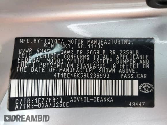 2008 Toyota Camry XLE with VIN 4T1BE46K58U236993, listed as a Copart auction lot 89478875 with 149,166 mi miles and Salvage title. Bid and sale history available at DreamBid. Image 12.