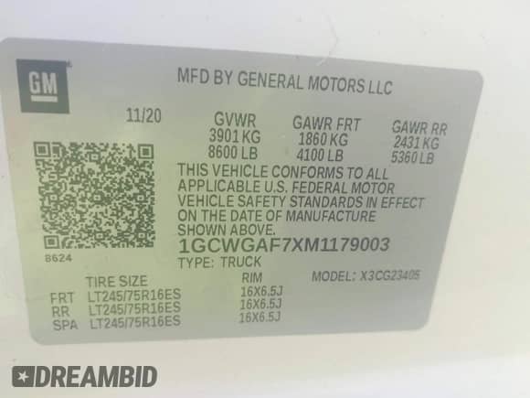 2021 Chevrolet Express Cargo with VIN 1GCWGAF7XM1179003, listed as a IAAI auction lot 42434171 with 54,473 mi miles and . Bid and sale history available at DreamBid. Image 9.