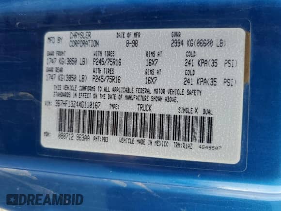 1999 Dodge 1500 z VIN 3B7HF13Z4XG110167, wystawiony jako Copart lot #71137085 z przebiegiem 187 803 mil mil oraz Szkoda całkowita • Salvage title. Historia ofert i sprzedaży dostępna na DreamBid. Obrazek 12.