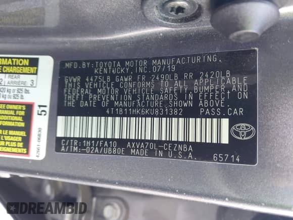 2019 Toyota Camry SE z VIN 4T1B11HK6KU831382, wystawiony jako IAAI lot #43426768 z przebiegiem 137 060 mil mil oraz . Historia ofert i sprzedaży dostępna na DreamBid. Obrazek 9.