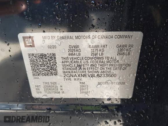 2020 Chevrolet Equinox Premier z VIN 2GNAXNEV8L6233600, wystawiony jako IAAI lot #43086589 z przebiegiem 113 795 mil mil oraz . Historia ofert i sprzedaży dostępna na DreamBid. Obrazek 9.