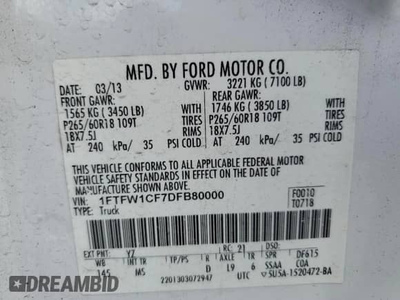 2013 Ford F-150 XL z VIN 1FTFW1CF7DFB80000, wystawiony jako Copart lot #68491135 z przebiegiem 174 522 mil mil oraz Szkoda całkowita • Salvage title. Historia ofert i sprzedaży dostępna na DreamBid. Obrazek 12.