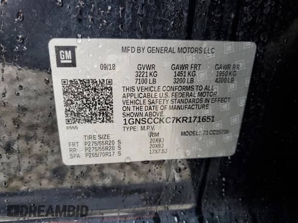 2019 Chevrolet Tahoe Premier with VIN 1GNSCCKC7KR171651, listed as a Copart auction lot 88310365 with 55,880 mi miles and Salvage title. Bid and sale history available at DreamBid. Image 14.