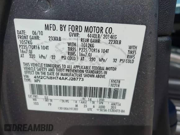 2010 Mercury Mariner Premier with VIN 4M2CN8H74AKJ28773, listed as a IAAI auction lot 43505519 with 188,752 mi miles and . Bid and sale history available at DreamBid. Image 9.