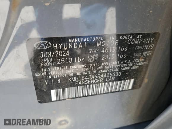2024 Hyundai Sonata SEL с VIN KMHL64JA6RA425333, выставлен на аукционе Copart как лот 68399555 с пробегом 19 090 миль миль и Списание • Salvage title. История ставок и продаж доступна на DreamBid. Изображение 12.