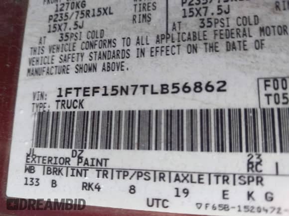 1996 Ford F-150 с VIN 1FTEF15N7TLB56862, выставлен на аукционе IAAI как лот 43468622 с пробегом 210 492 миль миль и . История ставок и продаж доступна на DreamBid. Изображение 9.