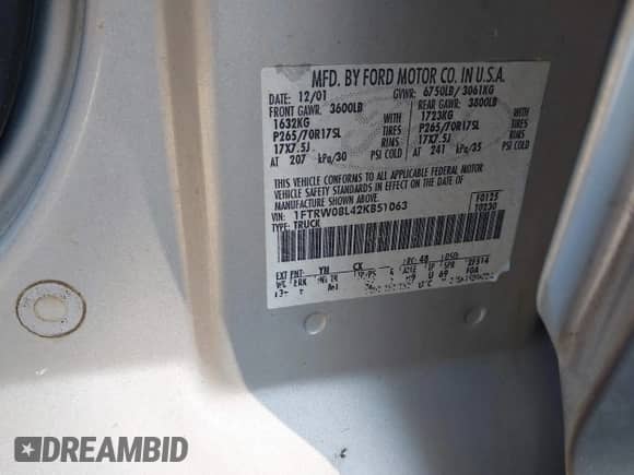 2002 Ford F-150 XLT с VIN 1FTRW08L42KB51063, выставлен на аукционе IAAI как лот 42806080 с пробегом 202 477 миль миль и . История ставок и продаж доступна на DreamBid. Изображение 9.