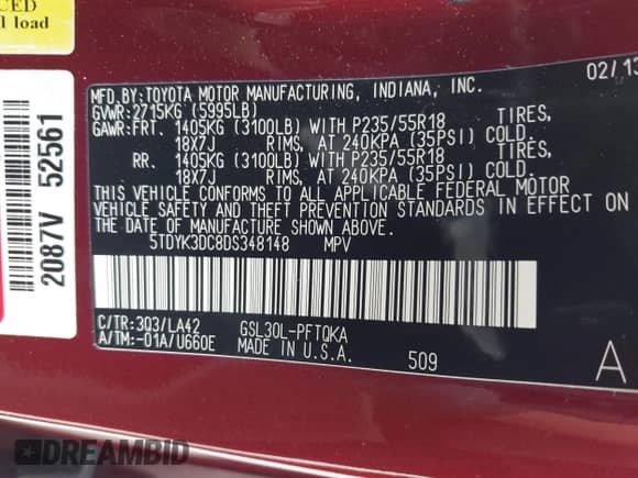 2013 Toyota Sienna XLE AAS with VIN 5TDYK3DC8DS348148, listed as a IAAI auction lot 42935221 with 216,870 mi miles and . Bid and sale history available at DreamBid. Image 9.