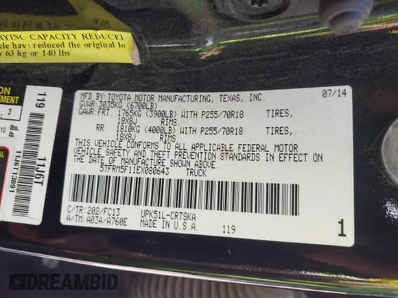 2014 Toyota Tundra SR with VIN 5TFRM5F11EX080643, listed as a IAAI auction lot 43296399 with 247,504 mi miles and . Bid and sale history available at DreamBid. Image 9.