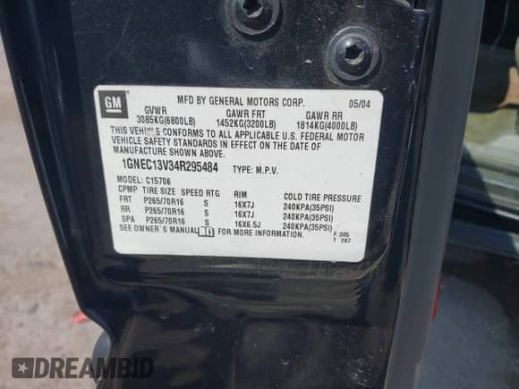 2004 Chevrolet Tahoe LS z VIN 1GNEC13V34R295484, wystawiony jako IAAI lot #42888588 z przebiegiem 150 250 mil mil oraz . Historia ofert i sprzedaży dostępna na DreamBid. Obrazek 9.