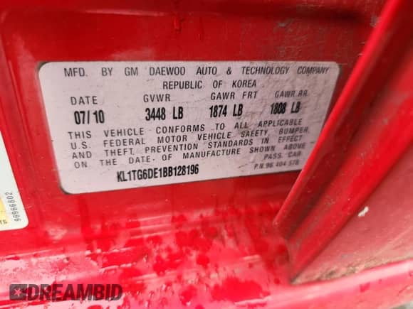 2011 Chevrolet Aveo 2LT z VIN KL1TG6DE1BB128196, wystawiony jako Copart lot #66508375 z przebiegiem 124 478 mil mil oraz Szkoda całkowita • Salvage title. Historia ofert i sprzedaży dostępna na DreamBid. Obrazek 12.