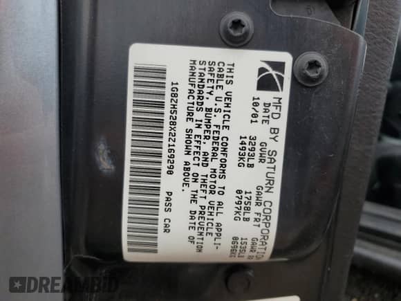 2002 Saturn SL with VIN 1G8ZH528X2Z169290, listed as a Copart auction lot 68372645 with 72,983 mi miles and Salvage title. Bid and sale history available at DreamBid. Image 12.