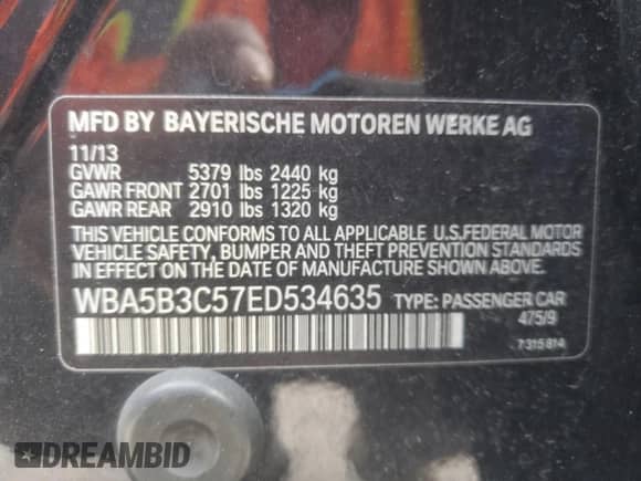 2014 BMW 5 Series 535i xDrive with VIN WBA5B3C57ED534635, listed as a Copart auction lot 82527745 with 124,954 mi miles and Clean title. Bid and sale history available at DreamBid. Image 12.