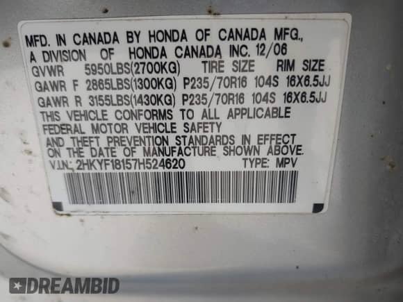 2007 Honda Pilot LX с VIN 2HKYF18157H524620, выставлен на аукционе IAAI как лот 42848065 с пробегом 212 946 миль миль и . История ставок и продаж доступна на DreamBid. Изображение 9.