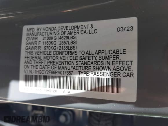 2023 Honda Accord Touring z VIN 1HGCY2F86PA017857, wystawiony jako IAAI lot #42324010 z przebiegiem Nie podano mil oraz . Historia ofert i sprzedaży dostępna na DreamBid. Obrazek 9.