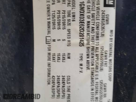 2002 Chevrolet Venture Plus 1SB с VIN 1GNDX03E62D201425, выставлен на аукционе Copart как лот 84349964 с пробегом Не указан миль и Чистый • Clean title. История ставок и продаж доступна на DreamBid. Изображение 13.