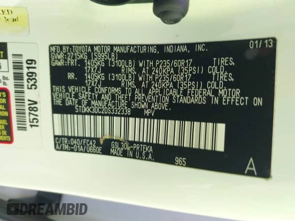 2013 Toyota Sienna LE AAS with VIN 5TDKK3DC2DS332338, listed as a IAAI auction lot 43350346 with 237,160 mi miles and . Bid and sale history available at DreamBid. Image 9.