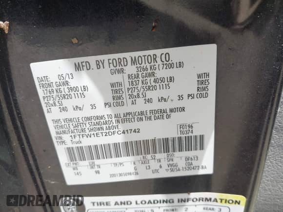 2013 Ford F-150 XL with VIN 1FTFW1ET2DFC41742, listed as a IAAI auction lot 42684039 with 167,075 mi miles and . Bid and sale history available at DreamBid. Image 9.