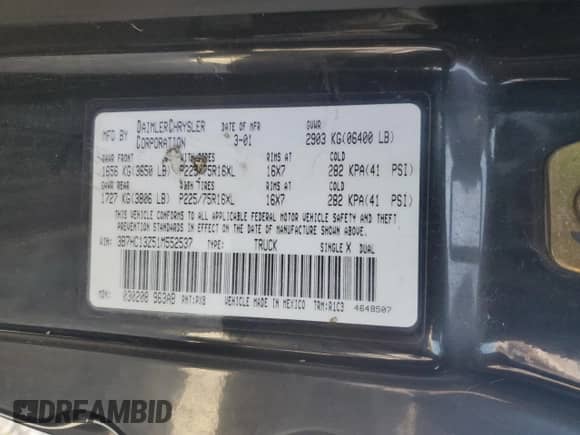 2001 Dodge 1500 с VIN 3B7HC13Z51M552537, выставлен на аукционе Copart как лот 53710225 с пробегом 228 681 миль миль и Списание • Salvage title. История ставок и продаж доступна на DreamBid. Изображение 12.