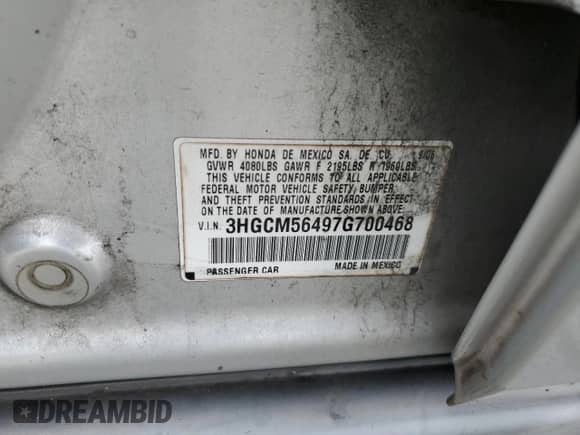 2007 Honda Accord LX с VIN 3HGCM56497G700468, выставлен на аукционе Copart как лот 90345725 с пробегом 256 975 миль миль и Чистый • Clean title. История ставок и продаж доступна на DreamBid. Изображение 12.