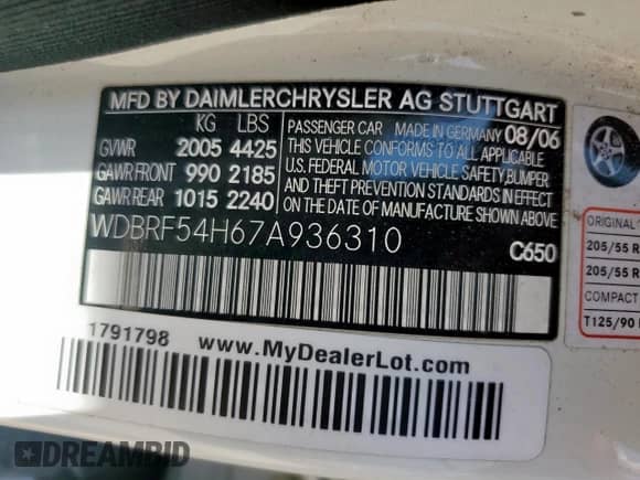 2007 Mercedes-Benz C 280 Luxury с VIN WDBRF54H67A936310, выставлен на аукционе Copart как лот 71089825 с пробегом 235 802 миль миль и Списание • Salvage title. История ставок и продаж доступна на DreamBid. Изображение 12.