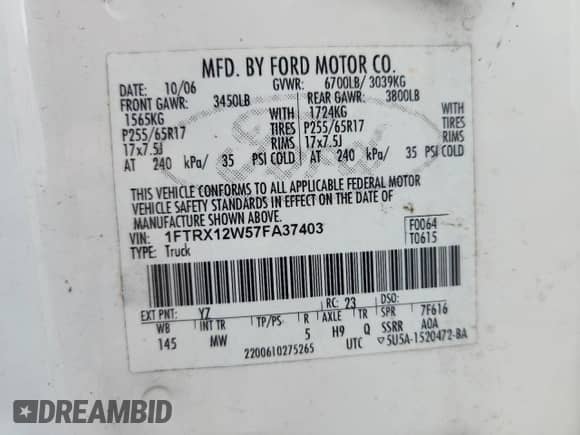 2007 Ford F-150 STX with VIN 1FTRX12W57FA37403, listed as a Copart auction lot 84213265 with 2,342,455 mi miles and Salvage title. Bid and sale history available at DreamBid. Image 12.