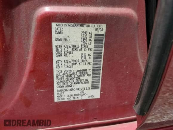 2009 Nissan Frontier SE with VIN 1N6AD07U69C407315, listed as a Copart auction lot 60830025 with 291,242 mi miles and Clean title. Bid and sale history available at DreamBid. Image 12.