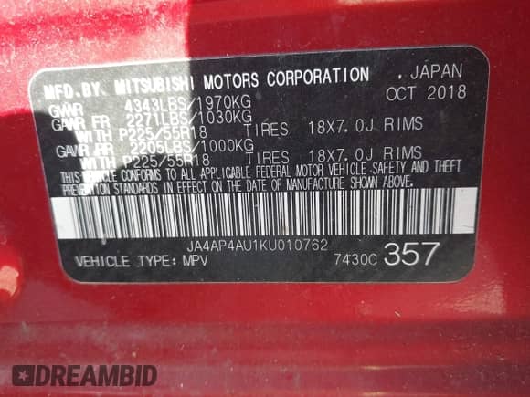 2019 Mitsubishi Outlander SE с VIN JA4AP4AU1KU010762, выставлен на аукционе IAAI как лот 43342014 с пробегом 115 410 миль миль и . История ставок и продаж доступна на DreamBid. Изображение 9.