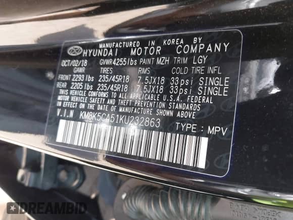 2019 Hyundai Kona Ultimate with VIN KM8K5CA51KU232863, listed as a IAAI auction lot 42965259 with 67,034 mi miles and . Bid and sale history available at DreamBid. Image 9.