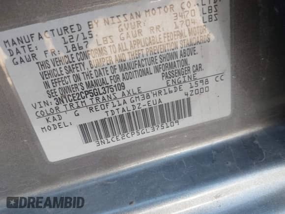 2016 Nissan Note S with VIN 3N1CE2CP5GL375109, listed as a IAAI auction lot 43213378 with 90,202 mi miles and . Bid and sale history available at DreamBid. Image 9.