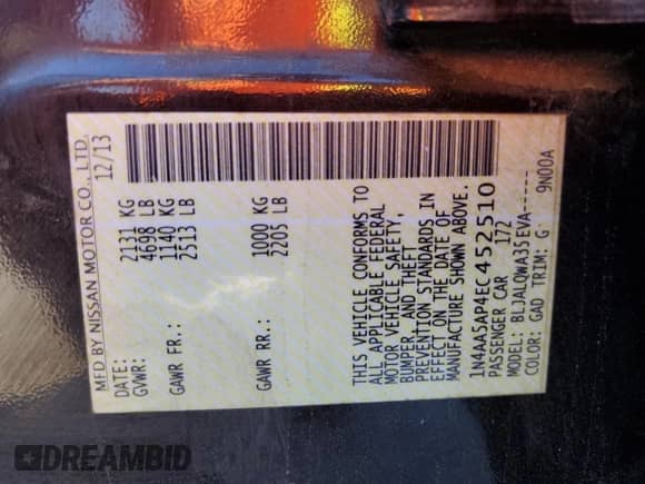 2014 Nissan Maxima S with VIN 1N4AA5AP4EC452510, listed as a Copart auction lot 84403835 with 197,321 mi miles and Salvage title. Bid and sale history available at DreamBid. Image 13.