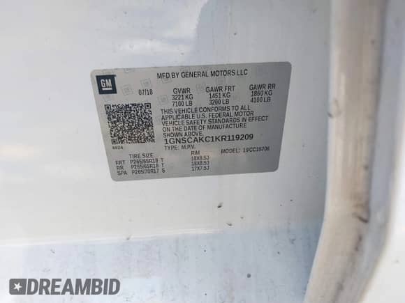 2019 Chevrolet Tahoe LS z VIN 1GNSCAKC1KR119209, wystawiony jako IAAI lot #41405837 z przebiegiem 102 300 mil mil oraz . Historia ofert i sprzedaży dostępna na DreamBid. Obrazek 9.