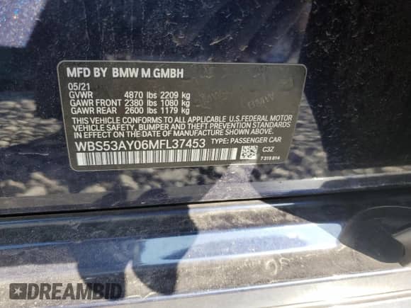 2021 BMW M3 with VIN WBS53AY06MFL37453, listed as a Copart auction lot 44033564 with 21,598 mi miles and Salvage title. Bid and sale history available at DreamBid. Image 13.