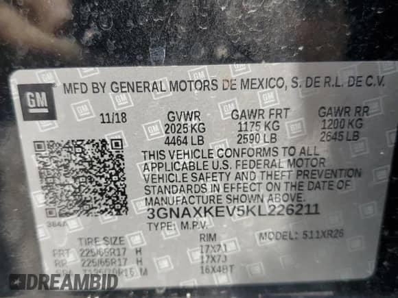 2019 Chevrolet Equinox LT with VIN 3GNAXKEV5KL226211, listed as a Copart auction lot 81040045 with 161,286 mi miles and Salvage title. Bid and sale history available at DreamBid. Image 13.