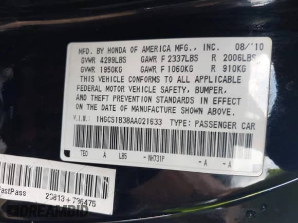 2010 Honda Accord LX-S with VIN 1HGCS1B38AA021633, listed as a IAAI auction lot 42729688 with 224,607 mi miles and . Bid and sale history available at DreamBid. Image 9.