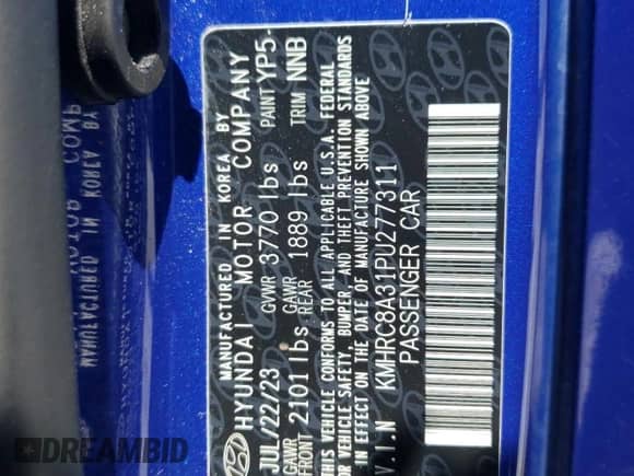 2023 Hyundai Venue Limited с VIN KMHRC8A31PU277311, выставлен на аукционе Copart как лот 62045244 с пробегом 26 851 миль миль и Списание • Salvage title. История ставок и продаж доступна на DreamBid. Изображение 13.