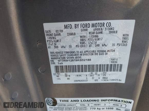 2009 Ford F-150 XL with VIN 1FTRW12819KB52188, listed as a IAAI auction lot 41677987 with 195,750 mi miles and . Bid and sale history available at DreamBid. Image 9.