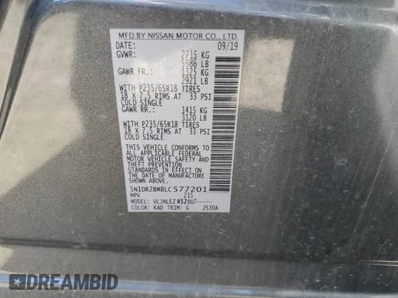 2020 Nissan Pathfinder SV with VIN 5N1DR2BM8LC577201, listed as a Copart auction lot 84726265 with 99,618 mi miles and Clean title. Bid and sale history available at DreamBid. Image 13.