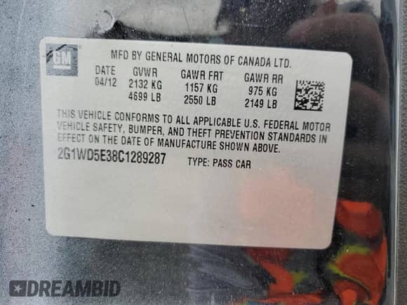 2012 Chevrolet Impala Police Police with VIN 2G1WD5E38C1289287, listed as a Copart auction lot 52767185 with 101,334 mi miles and Clean title. Bid and sale history available at DreamBid. Image 12.