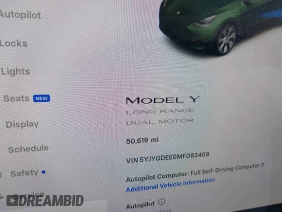 2021 Tesla Model Y Long Range with VIN 5YJYGDEE0MF093409, listed as a IAAI auction lot 42416589 with 50,619 mi miles and . Bid and sale history available at DreamBid. Image 7.