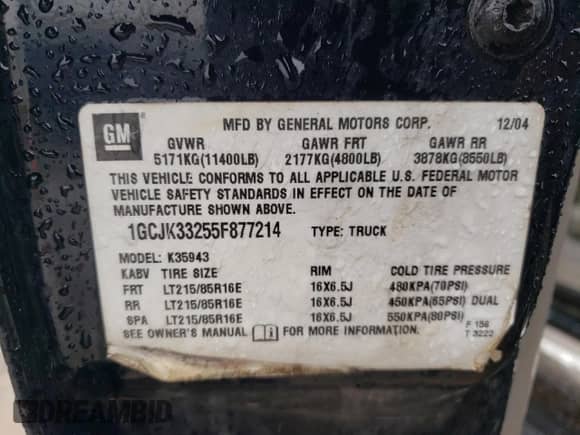 2005 Chevrolet Silverado 3500 DRW LT с VIN 1GCJK33255F877214, выставлен на аукционе Copart как лот 58512565 с пробегом 136 409 миль миль и Списание • Salvage title. История ставок и продаж доступна на DreamBid. Изображение 12.