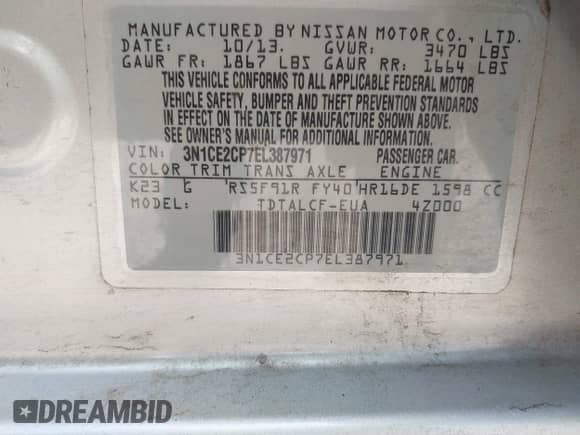 2014 Nissan Note SV with VIN 3N1CE2CP7EL387971, listed as a IAAI auction lot 42235851 with 176,101 mi miles and . Bid and sale history available at DreamBid. Image 9.