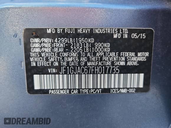2015 Subaru Impreza Premium с VIN JF1GJAC67FH017735, выставлен на аукционе Copart как лот 80334915 с пробегом 68 891 миль миль и Списание • Salvage title. История ставок и продаж доступна на DreamBid. Изображение 13.