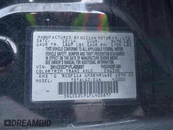 2015 Nissan Note S with VIN 3N1CE2CP1FL405897, listed as a IAAI auction lot 41750950 with 101,875 mi miles and . Bid and sale history available at DreamBid. Image 9.