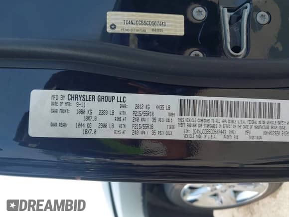 2012 Jeep Compass Limited с VIN 1C4NJCCB5CD507443, выставлен на аукционе IAAI как лот 42470727 с пробегом 123 332 миль миль и . История ставок и продаж доступна на DreamBid. Изображение 9.