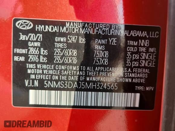 2021 Hyundai Santa Fe SEL с VIN 5NMS3DAJ5MH324565, выставлен на аукционе Copart как лот 71841385 с пробегом 92 235 миль миль и Списание • Salvage title. История ставок и продаж доступна на DreamBid. Изображение 12.