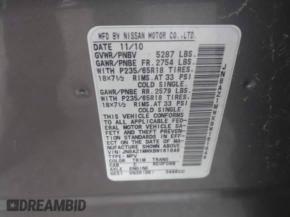 2011 Nissan Murano SL с VIN JN8AZ1MWXBW161846, выставлен на аукционе IAAI как лот 42476463 с пробегом 81 644 миль миль и . История ставок и продаж доступна на DreamBid. Изображение 9.