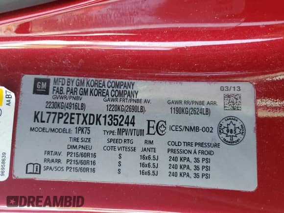 2013 Chevrolet Orlando с VIN KL77P2ETXDK135244, выставлен на аукционе Copart как лот 41415545 с пробегом 170 233 миль миль и Чистый • Clean title. История ставок и продаж доступна на DreamBid. Изображение 13.