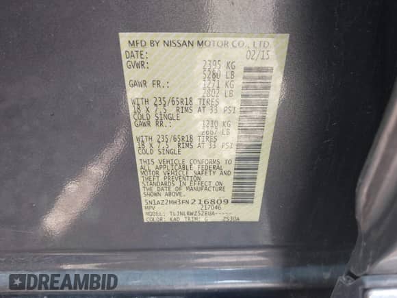 2015 Nissan Murano SL with VIN 5N1AZ2MH3FN216809, listed as a IAAI auction lot 42225429 with 128,826 mi miles and . Bid and sale history available at DreamBid. Image 9.